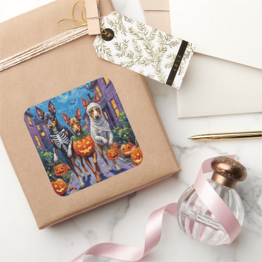 Australian Kelpie Trick-or-Treating Halloween Quadratischer Aufkleber (Schenken)