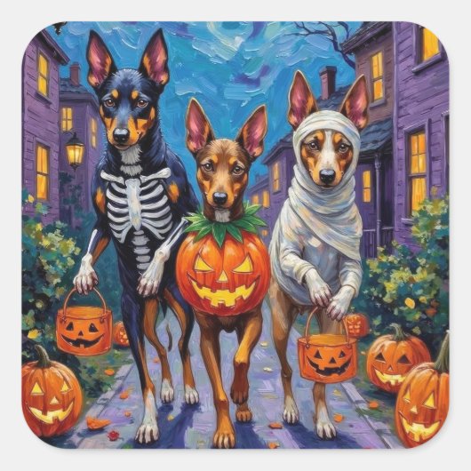 Australian Kelpie Trick-or-Treating Halloween Quadratischer Aufkleber (Vorderseite)