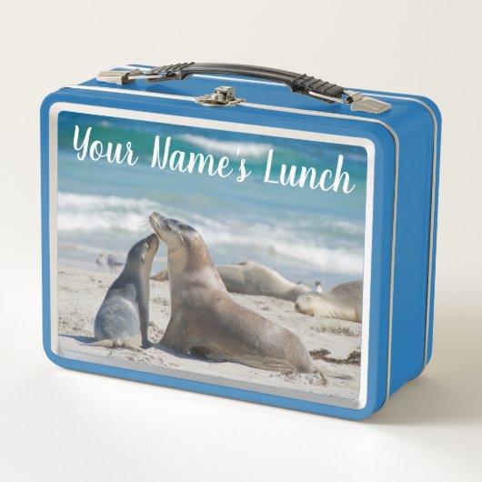 Australian Sea Lion und Baby am Strand Metall Brotdose (Vorderseite)