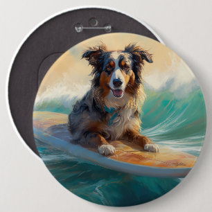 Australian Shepherd Beach Surfing Painting Button