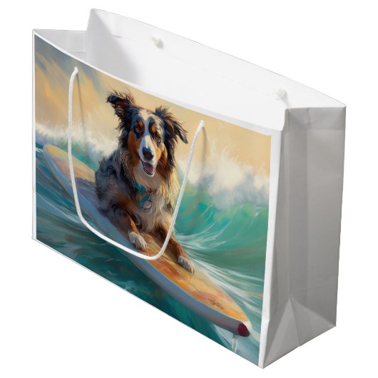 Australian Shepherd Beach Surfing Painting Große Geschenktüte (Vorderseite Schrägansicht)