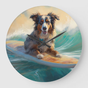 Australian Shepherd Beach Surfing Painting Große Wanduhr
