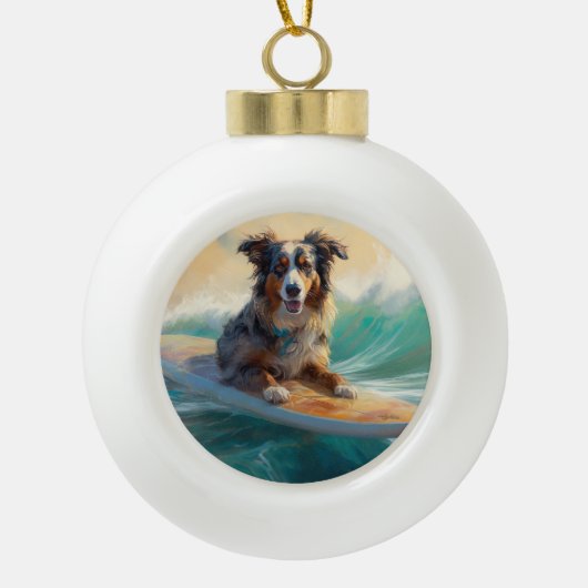 Australian Shepherd Beach Surfing Painting Keramik Kugel-Ornament (Vorderseite)