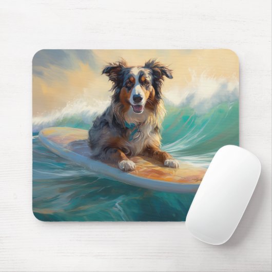 Australian Shepherd Beach Surfing Painting Mousepad (Mit Mouse)