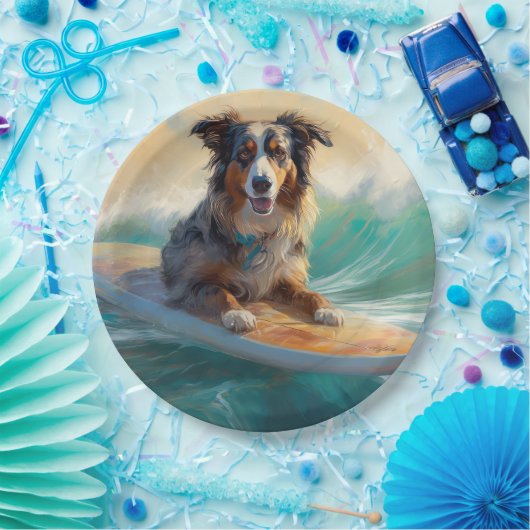 Australian Shepherd Beach Surfing Painting Pappteller (Party)