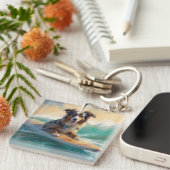 Australian Shepherd Beach Surfing Painting Schlüsselanhänger (Vorderseite rechts)