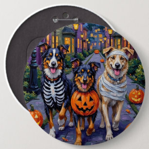Australian Shepherd beim Trick-or-Treat an Hallowe Button