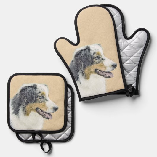 Australian Shepherd Black Tri Painting Dog Art Ofenhandschuh & Topflappen-Set (Vorderseite/Rückseite)