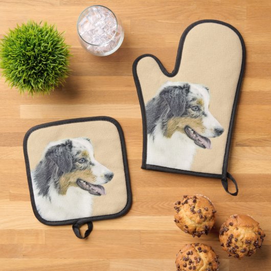 Australian Shepherd Black Tri Painting Dog Art Ofenhandschuh & Topflappen-Set (Oben Unten)