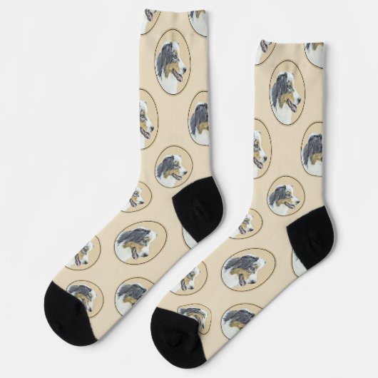 Australian Shepherd Black Tri Painting Dog Art Socken (Linkes Detail)