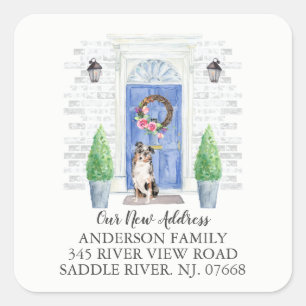 Australian Shepherd Blue Door New Address Label Quadratischer Aufkleber