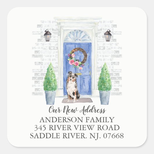Australian Shepherd Blue Door New Address Label Quadratischer Aufkleber (Vorderseite)