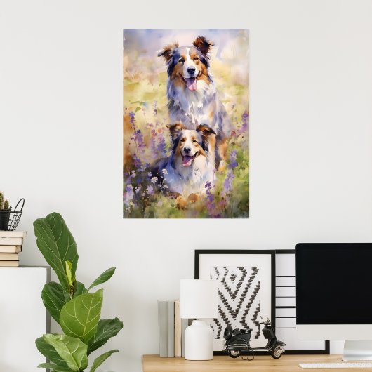 Australian Shepherd bunte Aquarellkunst Poster (Heimbüro)