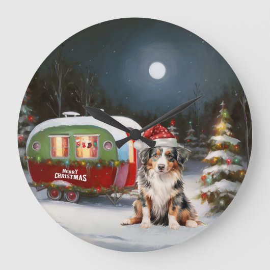 Australian Shepherd Caravan Christmas Adventure Große Wanduhr (Vorderseite)