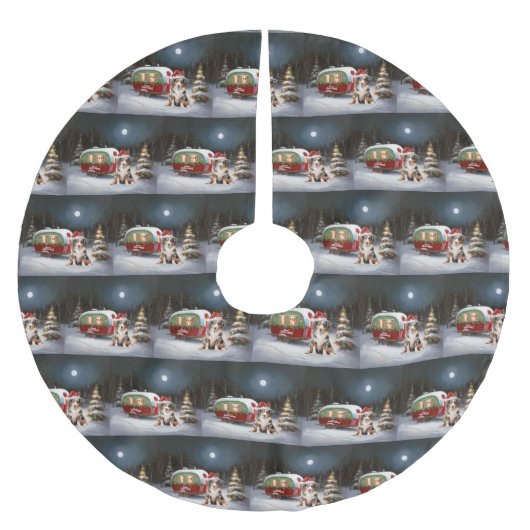 Australian Shepherd Caravan Christmas Adventure Polyester Weihnachtsbaumdecke (Vorderseite)