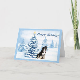 Australian Shepherd Christmas Card Blue Tree Feiertagskarte