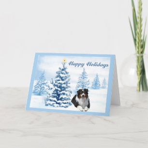 Australian Shepherd Christmas Card Blue Tree Feiertagskarte
