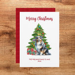 Australian Shepherd Christmas Card Feiertagskarte<br><div class="desc">Niedlicher australischer Hirte frohe Weihnachtskarte mit Weihnachtsbaum und Geschenk. Personalisieren Sie Ihren Text.</div>