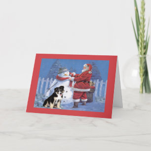 Australian Shepherd Christmas Card Santa and Snowm Feiertagskarte