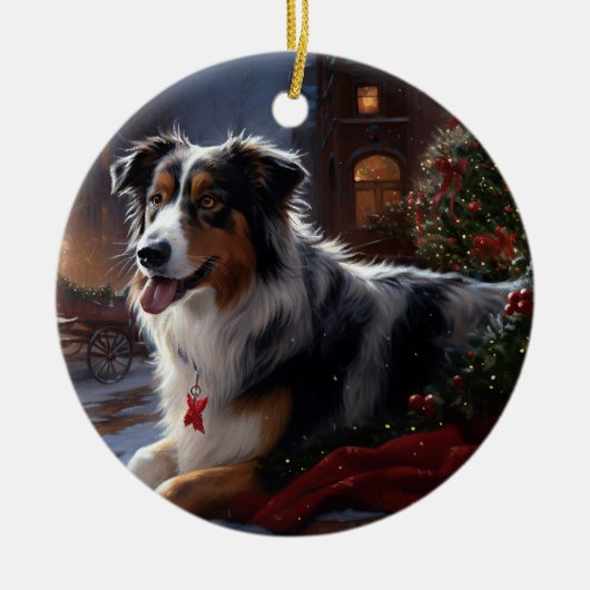 Australian Shepherd Christmas Festive Season Keramik Ornament (Vorne)