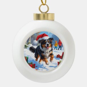 Australian Shepherd Christmas Festive Snow Scene Keramik Kugel-Ornament
