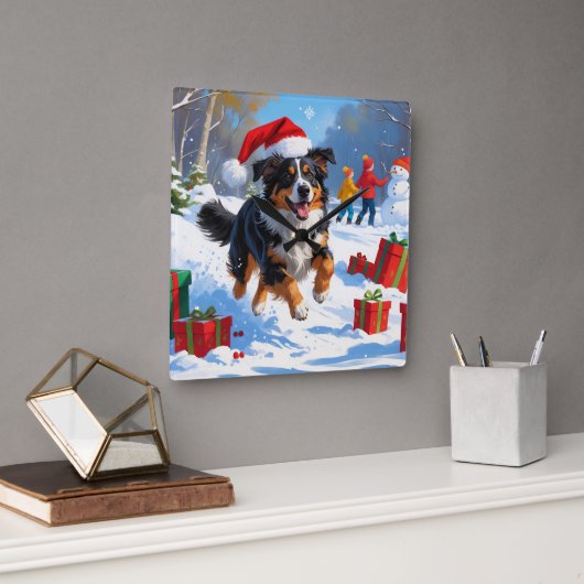 Australian Shepherd Christmas Festive Snow Scene Quadratische Wanduhr (Büro)