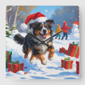 Australian Shepherd Christmas Festive Snow Scene Quadratische Wanduhr (Vorderseite)