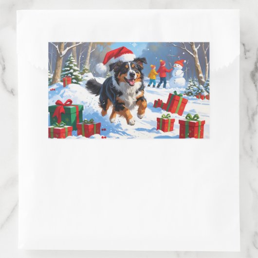 Australian Shepherd Christmas Festive Snow Scene Rechteckiger Aufkleber (Tasche)