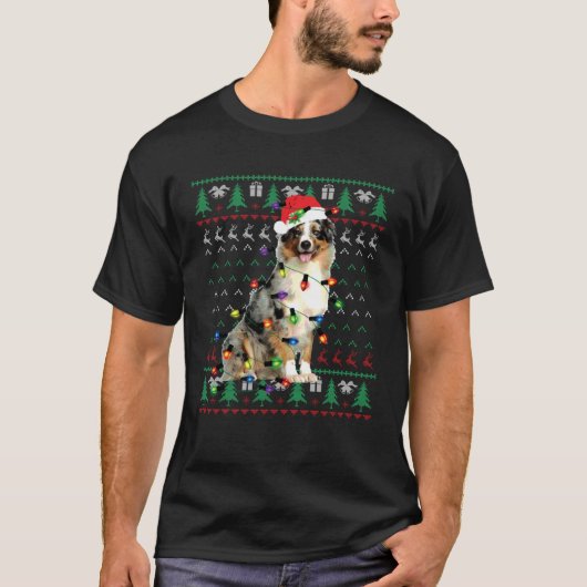 Australian Shepherd Christmas Lights Ugly Sweater  T-Shirt (Vorderseite)