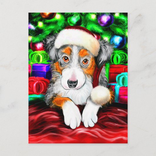 Australian Shepherd Christmas Open Geschenke Feiertagspostkarte (Vorderseite)