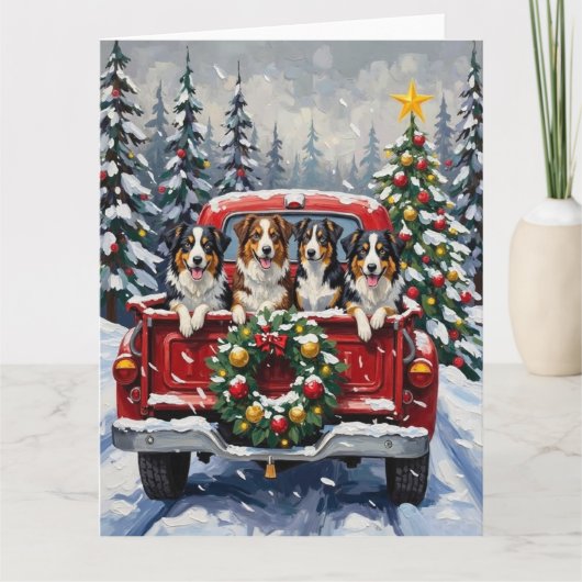 Australian Shepherd Christmas Red Truck Holiday Karte (Vorderseite)