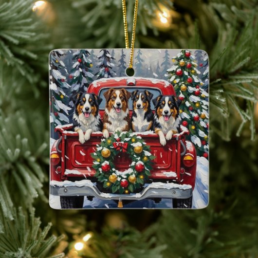 Australian Shepherd Christmas Red Truck Holiday Keramikornament (Baum)