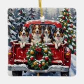 Australian Shepherd Christmas Red Truck Holiday Keramikornament (Vorderseite)