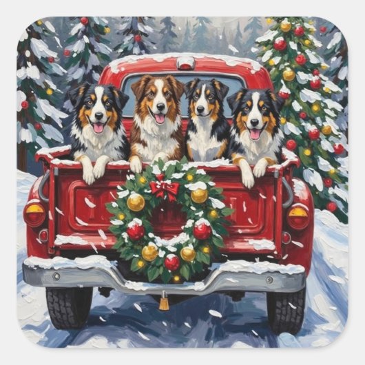 Australian Shepherd Christmas Red Truck Holiday Quadratischer Aufkleber (Vorderseite)