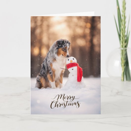 Australian Shepherd Christmas Snowman Feiertagskarte (Vorderseite)