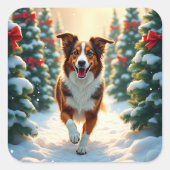 Australian Shepherd Christmas Tree Farm Painting Quadratischer Aufkleber (Vorderseite)