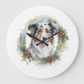 Australian Shepherd Christmas Wreath Festive Pup Große Wanduhr (Vorderseite)