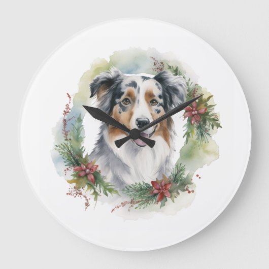 Australian Shepherd Christmas Wreath Festive Pup Große Wanduhr (Vorderseite)