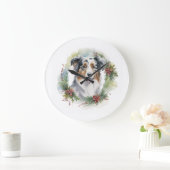 Australian Shepherd Christmas Wreath Festive Pup Große Wanduhr (Zuhause)