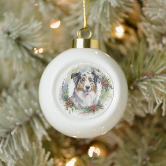 Australian Shepherd Christmas Wreath Festive Pup Keramik Kugel-Ornament (Baum)