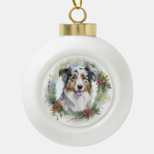 Australian Shepherd Christmas Wreath Festive Pup Keramik Kugel-Ornament (Vorderseite)