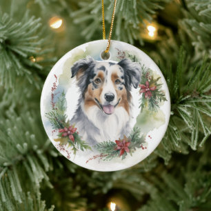 Australian Shepherd Christmas Wreath Festive Pup Keramik Ornament