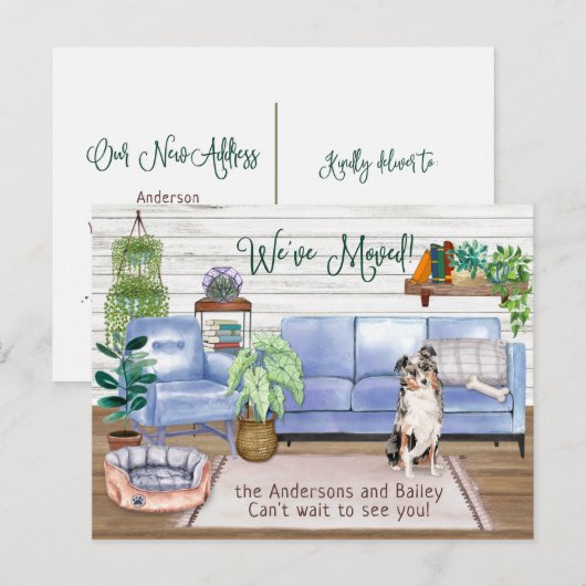 Australian Shepherd Cozy New Zuhause Moving        Ankündigungspostkarte (Vorne/Hinten)