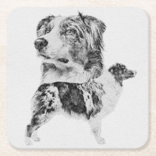 Australian Shepherd dog - Aussie pencil Sketch Rechteckiger Pappuntersetzer