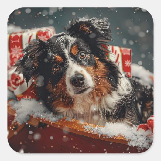 Australian Shepherd Dog Christmas Festive Quadratischer Aufkleber (Vorderseite)