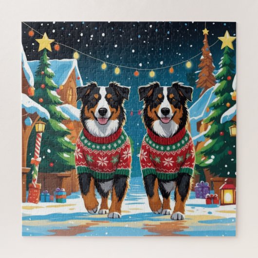 Australian Shepherd Dogs Christmas Snow Holiday Puzzle (Vertikal)