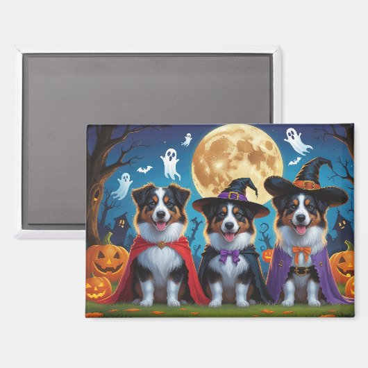 Australian Shepherd Dogs Pumpkin Halloween Funny Magnet (Vorderseite/Rückseite)