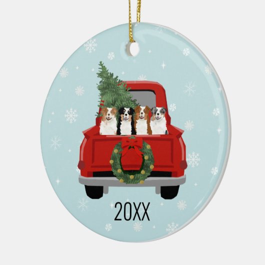 Australian Shepherd Dogs Red Truck Weihnachten Keramik Ornament (Links)