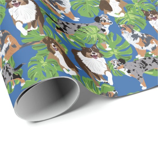 Australian Shepherd Dogs Tropical Blätter Geschenkpapier (Rolleneckpunkt)
