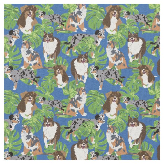 Australian Shepherd Dogs Tropical Blätter Stoff (Nahaufnahme)